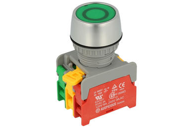 Switch; push button; PFL22-1-O/C-G; ON-OFF+OFF-ON; green; backlight without light source; green; screw; 2 positions; 3A; 230V AC; 22mm; 50mm; Auspicious
