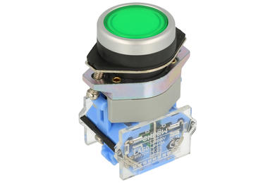 Przełącznik; przyciskowy; LAS0-B1Y-11G; ON-(OFF)+OFF-(ON); zielony; bez podświetlenia; śrubowe; 2 pozycje; 10A; 500V AC; 22mm; 50mm; Onpow