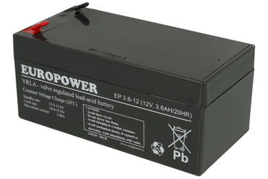 Rechargeable battery; lead-acid; maintenance-free; EP3,6-12; 12V; 3,6Ah; 134x67x60(66)mm; connector 4,8 mm; EUROPOWER; 1,32kg