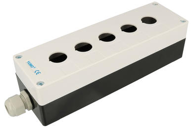 Control box; LAY5-BP05; white-black; plastic; IP54; with PG13,5 cable gland; five holes; 236,5x72x65mm; 22mm panel mount; YUMO; RoHS