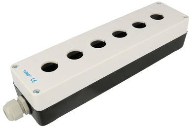Control box; LAY5-BP06; white-black; plastic; IP54; with PG13,5 cable gland; six holes; 60x72x280mm; 22mm panel mount; YUMO; RoHS