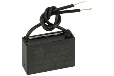 Capacitor; motor; JY-201 1.5uF/450VAC,+-10%,37*26*15 Pbf; 1,5uF; 450V AC; 13,5x24x37mm; with cables; WQC; RoHS