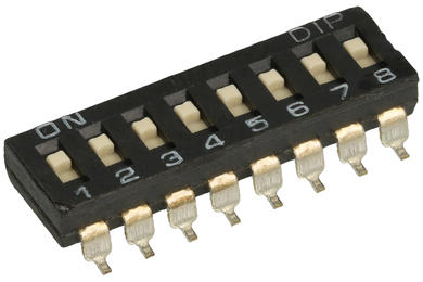 Switch; DIP switch; 8 ways; flat; DMR-08TT/R; black; surface mount; h=3mm; 25mA; 24V DC; white; DIP; RoHS