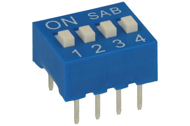 Switch; DIP switch; 4 ways; DIPS4ND; blue; through hole; h=5,2 + knob 1,1mm; 25mA; 24V DC; white; SAB switches; RoHS