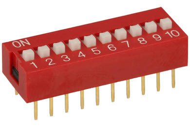 Przełącznik; DIP switch; 10 torów; DIPS10CD; czerwony; przewlekany (THT); h=5,3 + suwak 1,3mm; 25mA; 24V DC; biały; RoHS