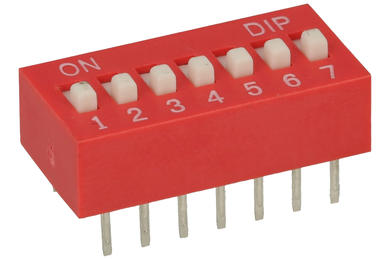 Przełącznik; DIP switch; 7 torów; DIPS7CD; czerwony; przewlekany (THT); h=5,5 + suwak 1,1mm; 25mA; 24V DC; biały; KLS; RoHS