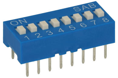 Switch; DIP switch; 8 ways; DIPS8ND; blue; through hole; h=5,2 + knob 1,1mm; 25mA; 24V DC; white; RoHS