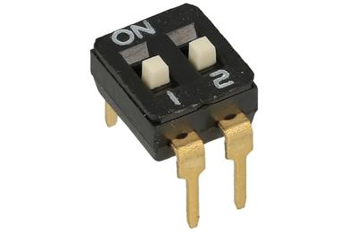 Przełącznik; DIP switch; 2 tory; DIPS2CD; czarny; przewlekany (THT); h=3,6 + suwak 0,6mm; 25mA; 24V DC; biały; SAB switches; RoHS