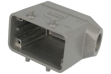 Connector housing; Han A; 19300101520; 10B; metal; angled 45°; for cable; low profile; entry for M20 cable gland; for double locking levers; one side cable entry; grey; IP65; Harting; RoHS