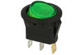 Przełącznik; klawiszowy (kołyskowy); okrągły 12V G; ON-OFF; 1 tor; zielony; podświetlenie LED 12V; zielony; bistabilny; konektory 4,8x0,8mm; 20mm; 2 pozycje; 20A; 12V DC