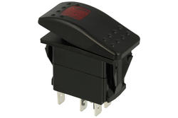 Przełącznik; klawiszowy (kołyskowy); A-667R; ON-OFF; 2 tory; czerwony; podświetlenie LED 12-24V; czerwony; bistabilny; konektory 6,3x0,8mm; 22x37mm; 2 pozycje; 16A; 250V AC