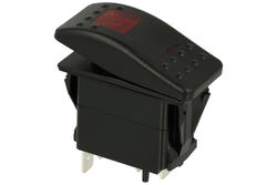 Przełącznik; klawiszowy (kołyskowy); A-660R; ON-OFF; 1 tor; czarny; podświetlenie LED 12-24V; czerwony; bistabilny; konektory 6,3x0,8mm; 22x37mm; 2 pozycje; 10A; 24V DC