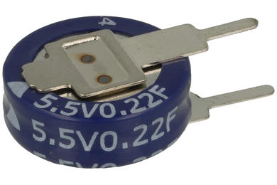 Kondensator; podtrzymania napięcia; elektrolityczny; 0,22F; 5,5V; 20%; 4,5x12x12mm; 4,2mm; przewlekany (THT); pionowy; -25...+70°C; 1000h; Kamcap; RoHS