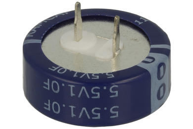 Kondensator; elektrolityczny; podtrzymania napięcia; 1F; 5,5V; 20%; fi 20,5x7,5mm; 6mm; poziomy; przewlekany (THT); -25...+70°C; 1000h; Kamcap; RoHS