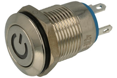 Przełącznik; przyciskowy; PBW-12BPW; OFF-(ON); 1 tor; podświetlenie LED 12V; niebieski; symbol power; monostabilny; na panel; 2A; 250V AC; 12mm