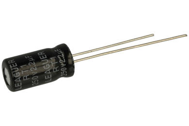 Capacitor; electrolytic; 2,2uF; 250V; RT1; 2E2R2M0611; fi 6x11mm; 2,5mm; through-hole (THT); bulk; Leaguer; RoHS