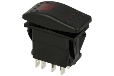 Switch; rocker; A-675/R; (ON)-OFF-(ON); 2 ways; black; LED 12-24V backlight; red; momentary; 6,3x0,8mm connectors; 22x37mm; 3 positions; 16A; 250V AC