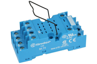 Relay socket; F94.74.SMA; DIN rail type; panel mounted; blue; with clamp; Finder; RoHS; Compatible with relays: 55.34; AZ165; R4