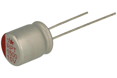 Kondensator; elektrolityczny; niskoimpedancyjny; polimerowy; 1500uF; 10V; RPZ; RPZ1A152M1012; 20%; fi 10x12mm; 5mm; przewlekany (THT); luzem; -55...+105°C; 7mOhm; 2000h; Leaguer; RoHS