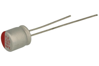 Capacitor; electrolytic; Low Impedance; polymer; 220uF; 16V; RPX; RPX1C221M0608; 20%; fi 6x8mm; 2,5mm; through-hole (THT); bulk; -55...+105°C; 24mOhm; 2000h; Leaguer; RoHS