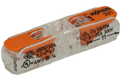 Connector; instalation; 221-2411; 1 way; 7mm; 32A; 450V; for cable; jumper; for all wire types; spring; 0,2÷4mm2; orange; clear; Wago; RoHS