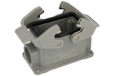 Connector housing; Han A; 19300101231; 10B; metal; horizontal; for panel; entry for M25 cable gland; with double locking levers; one side cable entry; grey; IP65; Harting; RoHS