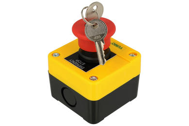 Switch; safety; push button; key switch; LAY5-J188H29; ON-OFF; mushroom; with key; 1 way; red; no backlight; bistable; screw; 5A; 250V AC; Yumo