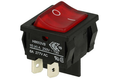 Switch; rocker; H8653VBBR3076W; OFF-ON; 2 ways; red; neon bulb 230V backlight; red; bistable; 4,8x0,8mm connectors; 19,1x21,9mm; 2 positions; 10A; 250V AC; Bulgin