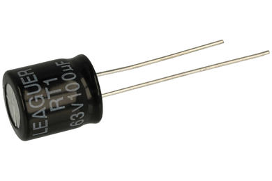 Capacitor; electrolytic; 100uF; 63V; RT1; KE 100/63/10x13t; fi 10x13mm; 5mm; through-hole (THT); bulk; Leaguer; RoHS