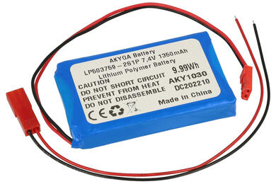 Rechargeable battery; Li-Po; LP503759-2S1P; 7,4V; 1350mAh; 10x37x59mm; PCM protection; connector + socket 2,54*2pins; AKYGA; RoHS