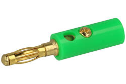 Wtyk bananowy; 4mm; 25.419.4; zielony; 41mm; przykręcany; wtykany (gniazdo bananowe 4mm); 32A; 60V; mosiądz złocony; ABS; Amass; RoHS