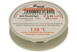 Soldering wire; 1,25mm; reel 25g; Bi57Sn42Ag1/1,25/0,025/bt; lead-free; Bi57Sn42Ag1; Cynel; wire; flux free; solder tin