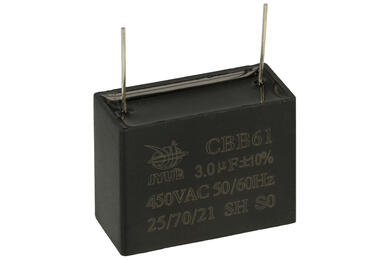 Kondensator; silnikowy (rozruchowy); CBB61 3uF/450V 10%; 3uF; 450V AC; 17,6(30,2)x28,5x38; przewlekany (THT); JYC; RoHS