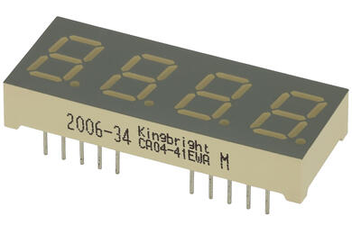 Display; LED; CA04-41EWA; quadruple; red; anode; 7-segment; 10,16mm; 40,4mm; 16mm; Background colour: gray; 1,2÷4,7mcd; 625nm; Kingbright; 20mA; 2V
