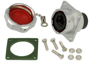 Socket; RJ45; WY24KRJ45Z; for panel with bracket; with a cap; straight; 24mm; silver & black; gold plated; IP67; zinc alloy with chrome plating; Weipu; RoHS