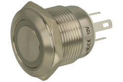 Przełącznik; przyciskowy; GQ19F-10E/J/R/12v/S; OFF-(ON); 1 tor; podświetlenie LED 12V; czerwony; monostabilny; na panel; 220V AC; 2A; 36V DC; 19mm; IP65; Onpow; RoHS