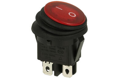 Przełącznik; klawiszowy (kołyskowy); OKR 0-1 R; ON-OFF; 2 tory; czerwony; podświetlenie neonówka 230V; czerwony; bistabilny; konektory 4,8x0,8mm; 20mm; 2 pozycje; 6A; 250V AC
