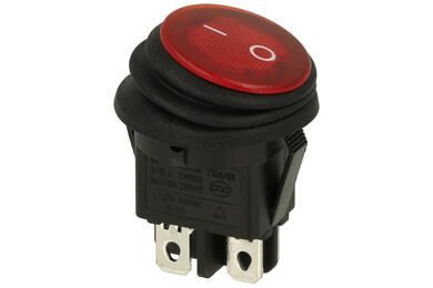 Switch; rocker; OKR 0-1 R; ON-OFF; 2 ways; red; neon bulb 230V backlight; red; bistable; 4,8x0,8mm connectors; 20mm; 2 positions; 6A; 250V AC