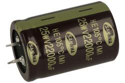 Kondensator; SNAP-IN; elektrolityczny; 22000uF; 25V; HE; HE1E229M30045HA; 20%; fi 30x45 mm; 10mm; przewlekany (THT); luzem; -40...+105°C; 1000h; Samwha; RoHS