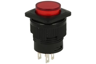 Przełącznik; przyciskowy; R16-504BDR; OFF-(ON); czerwony; podświetlenie LED 2V; czerwony; do lutowania; 2 pozycje; 1,5A; 250V AC; 16mm; 25mm