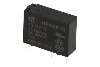Relay; electromagnetic miniature; HF46F-G/012-HS1T; 12V; DC; SPST NO; 7A; 250V AC; 7A; 28V DC; PCB trough hole; Hongfa; RoHS