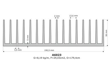 Radiator; A6023; 7,8kg/m; żebrowany; 190,5mm; 50mm; Kęty