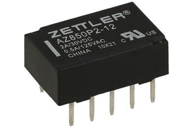 Relay; bistable; AZ850P2-12V; 12V; DC; DPDT; two coils; 0,5A; 125V AC; 1A; 30V DC; PCB trough hole; for socket; Zettler; RoHS