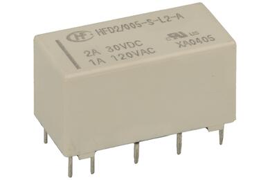 Relay; bistable; HFD2-005-S-L2; 5V; DC; DPDT; two coils; 2A; 125V AC; 2A; 30V DC; PCB trough hole; Hongfa; RoHS