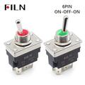Switch; toggle; FLKN2-23N-P_G230V; 2*3; ON-OFF-ON; 2 ways; 3 positions; bistable; panel mounting; green; LED 230V backlight; 6,3x0,8mm connectors; 16A; 250V AC; black; IP67; 37mm; FILN