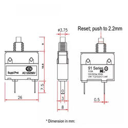 Wyłącznik nadprądowy; bimetaliczny; 91 6A 250V; 6A; 250V AC; 1 tor; przykręcany; konektor 2,8mm