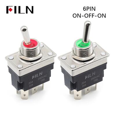 Switch; toggle; FLKN2-23N-P_R230V; 2*3; ON-OFF-ON; 2 ways; 3 positions; bistable; panel mounting; red; LED 230V backlight; 6,3x0,8mm connectors; 16A; 250V AC; black; IP67; 37mm; FILN