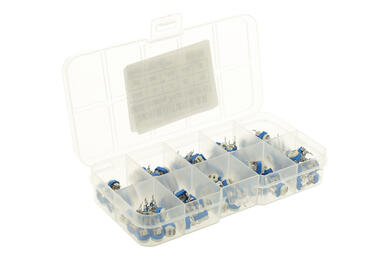 Set of potentiometers; mounting; horizontal; single turn; RM-065; 500ohm; linear; 5%; through-hole (THT); carbon film; RM065; RoHS