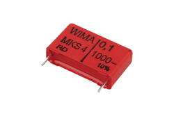 Kondensator; poliestrowy; MKT; 100nF; 1000V DC/400V AC; MKS4; MKS4O131005D00KSSD; 10%; 7x16,5x26mm; 22,5mm; luzem; -55...+100°C; Wima; RoHS
