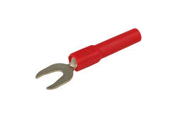 Connecting plug; Amass; 26.451.1; fork type plug / banana socket 4mm; red; 51mm; 36A; 60V; nickel plated brass; PA; RoHS